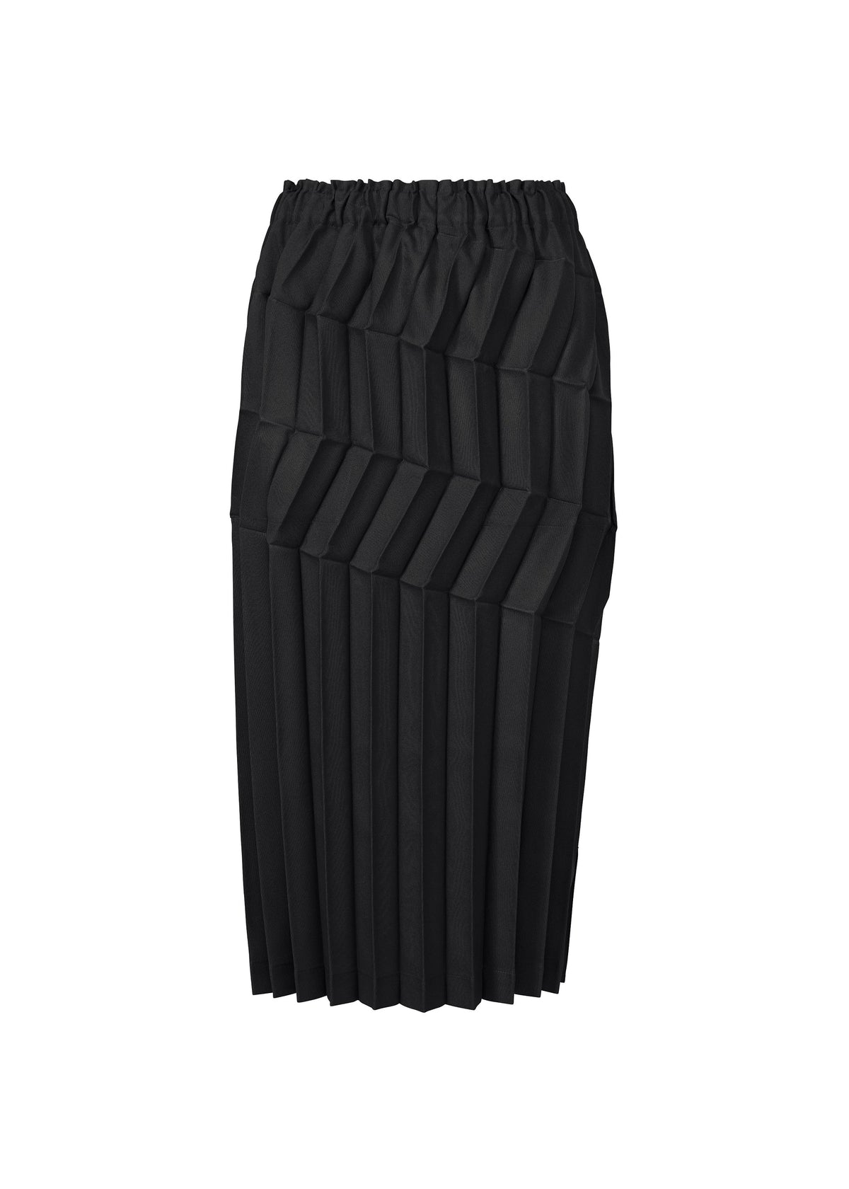 The ZIG ZAG PLEATS skirt by me ISSEY MIYAKE is a black, knee-length style with an elastic waistband, featuring geometric and diagonal pleats above and vertical pleats below for a distinctive zigzag silhouette. view 7 of 7