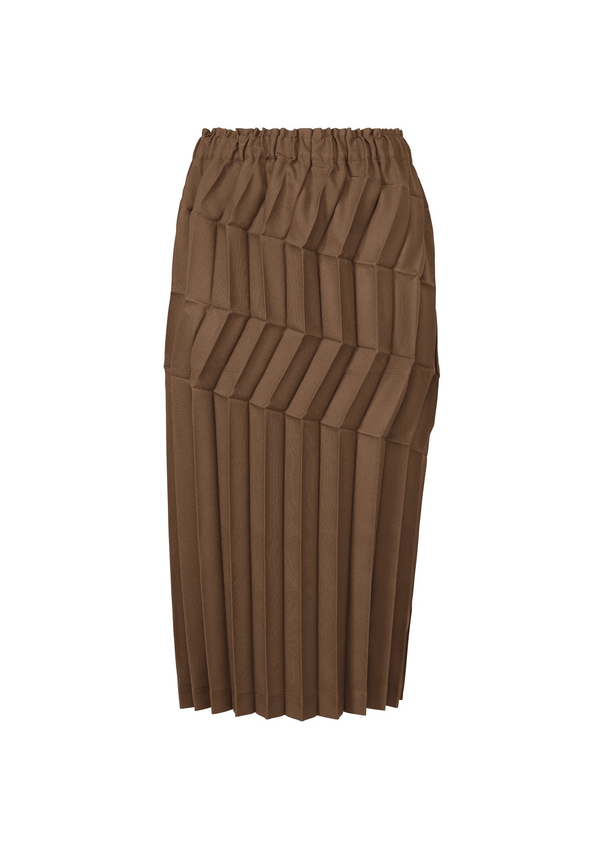 The ZIG ZAG PLEATS midi skirt from me ISSEY MIYAKE features an elastic waistband and distinctive overlapping diagonal and vertical pleats, creating a textured, geometric look with a bold zigzag silhouette. view 1 of 7