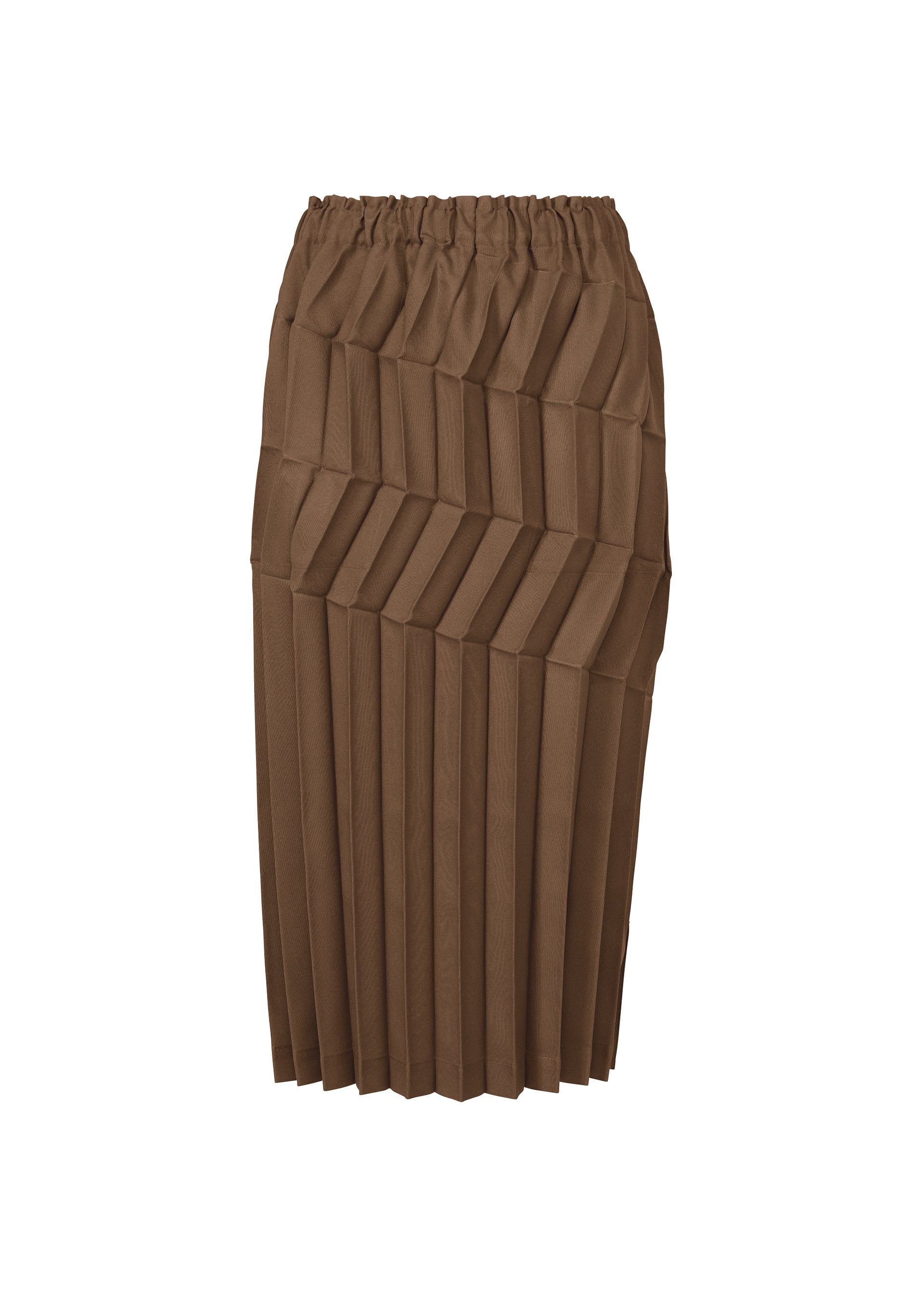 Zoomed view The ZIG ZAG PLEATS midi skirt from me ISSEY MIYAKE features an elastic waistband and distinctive overlapping diagonal and vertical pleats, creating a textured, geometric look with a bold zigzag silhouette. - BROWN （no.44）
