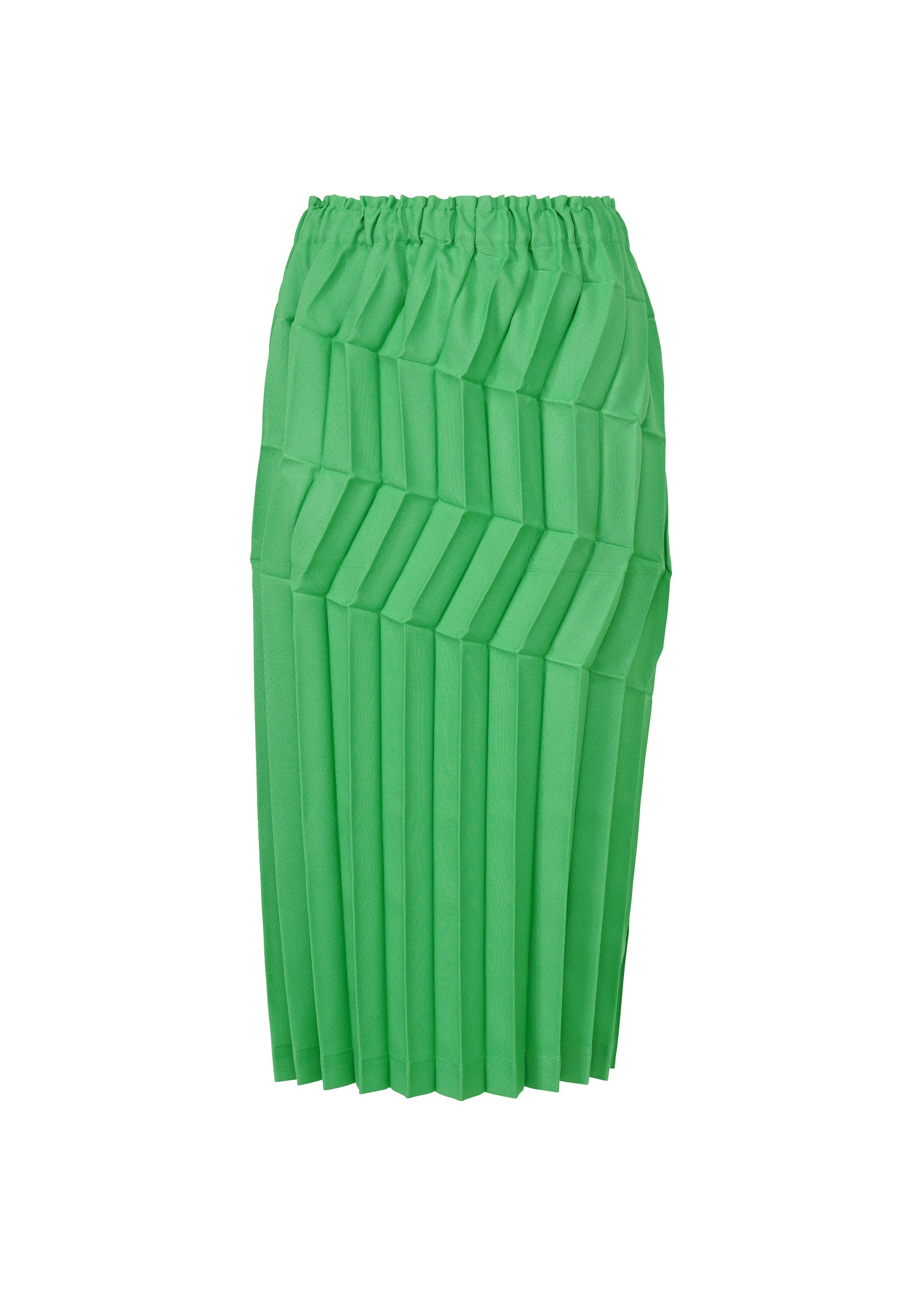 Zoomed view The ZIG ZAG PLEATS skirt by me ISSEY MIYAKE is bright green, hand-pleated with an elastic waistband, and features bold geometric chevron pleats for a striking zigzag silhouette. - COBALT GREEN （no.64）