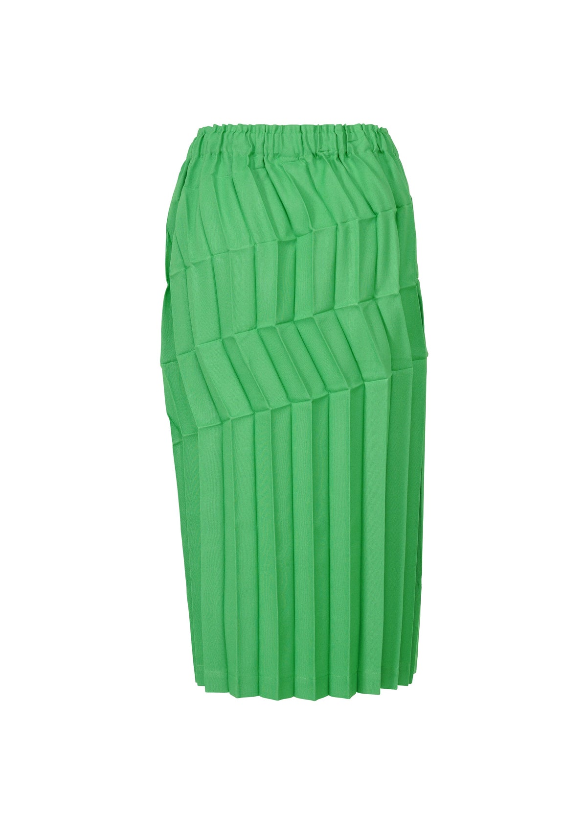 The ZIG ZAG PLEATS by me ISSEY MIYAKE is a green, knee-length hand-pleated skirt featuring diagonal zigzag patterns and an elastic waistband, shown against a plain white background. view 3 of 7