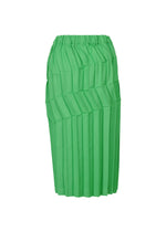 The ZIG ZAG PLEATS by me ISSEY MIYAKE is a green, knee-length hand-pleated skirt featuring diagonal zigzag patterns and an elastic waistband, shown against a plain white background.