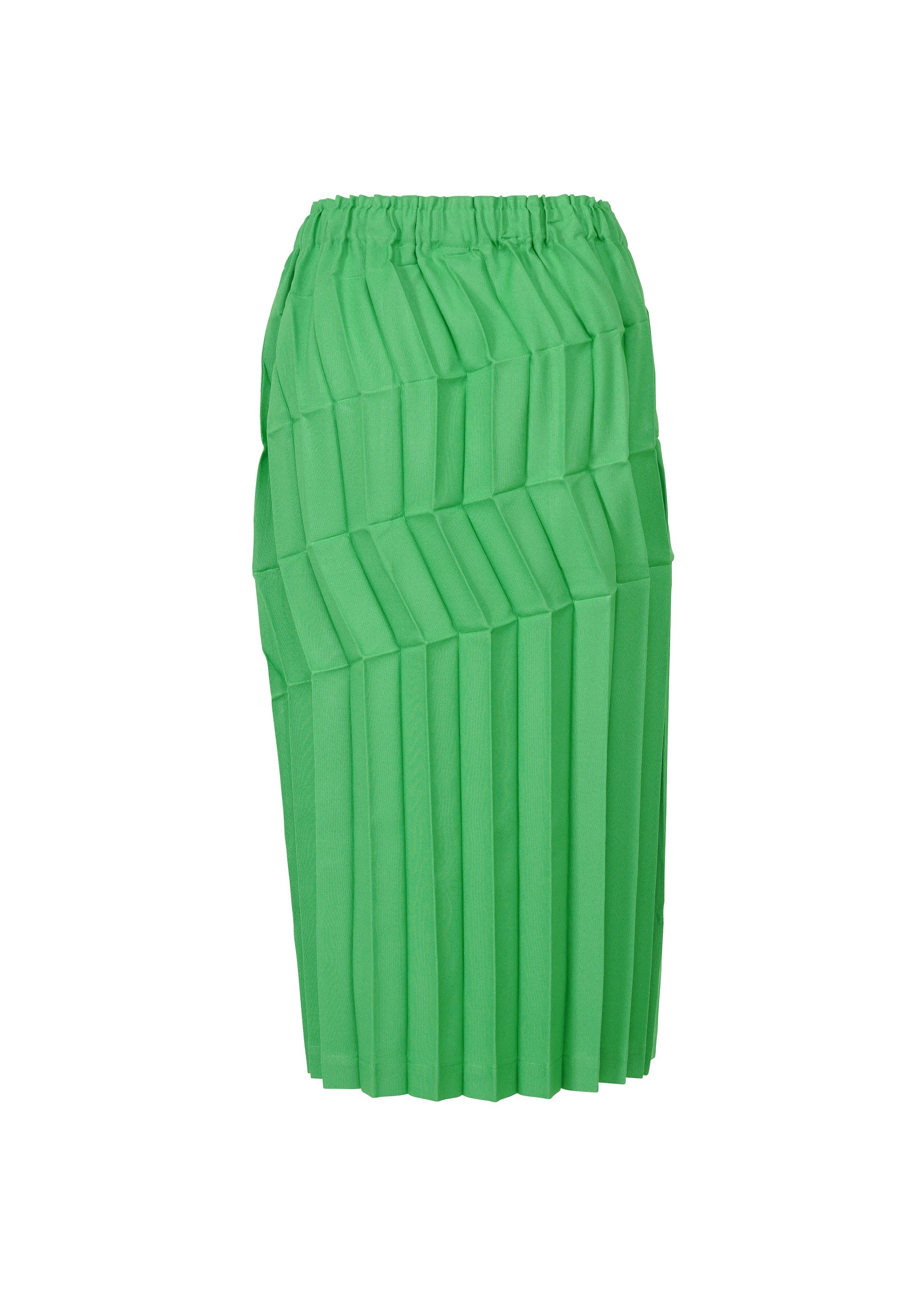 Zoomed view The ZIG ZAG PLEATS by me ISSEY MIYAKE is a green, knee-length hand-pleated skirt featuring diagonal zigzag patterns and an elastic waistband, shown against a plain white background.