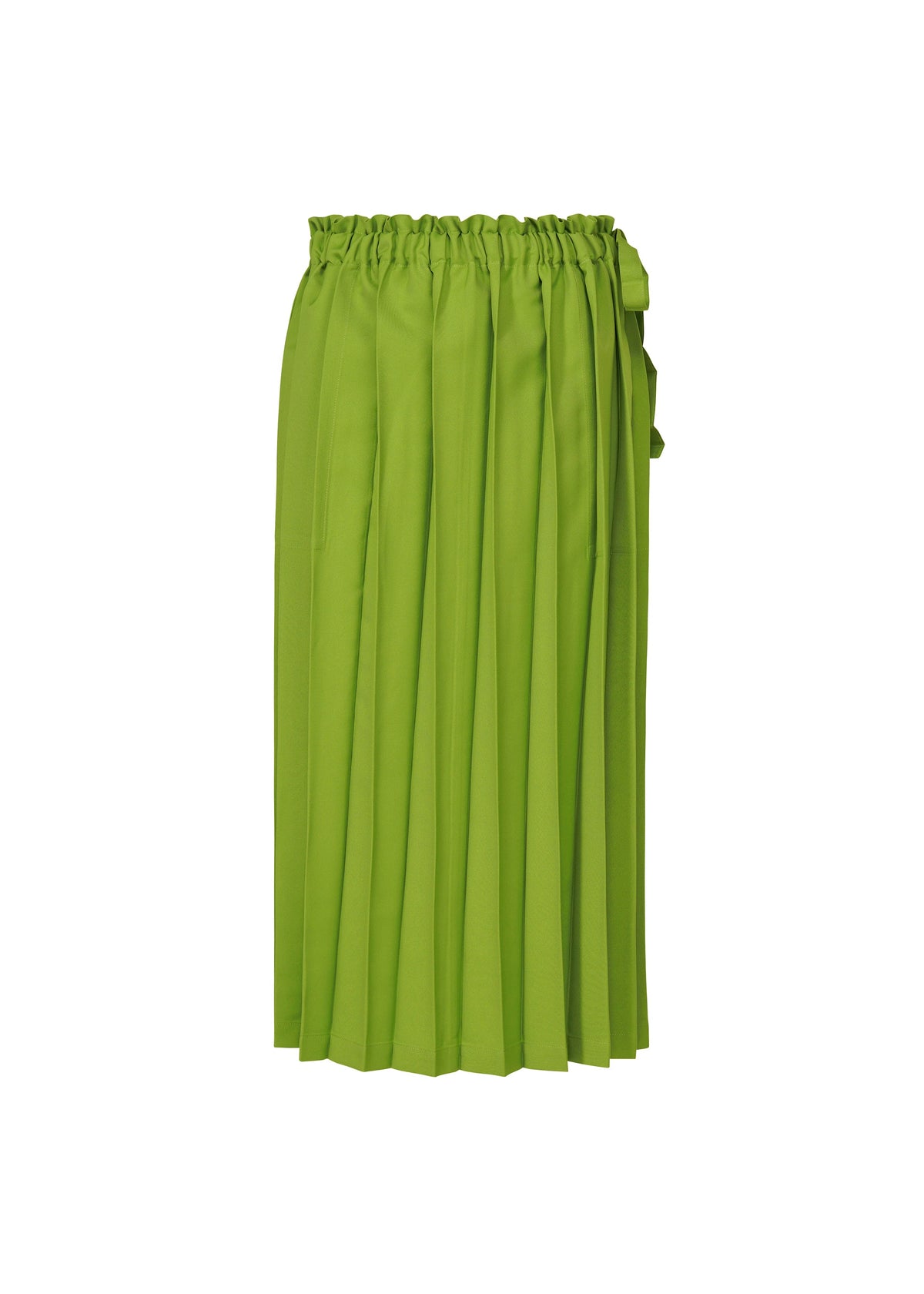 The CROSS PLEATS by me ISSEY MIYAKE is a bright green hand-pleated midi skirt with unique pleats, a gathered elastic waistband, and a bow detail on the side, shown against a white background. view 2 of 7