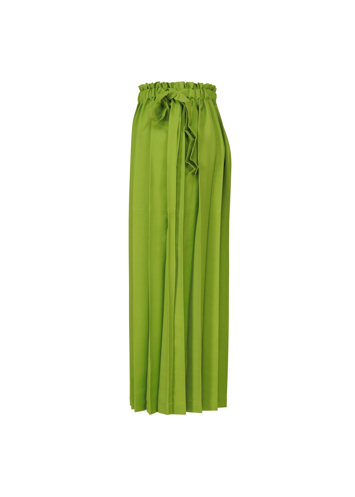 The CROSS PLEATS by me ISSEY MIYAKE are bright green high-waisted, wide-leg pants with unique pleats and a ruffled paperbag waistband, finished with a matching fabric tie belt. view 5 of 7