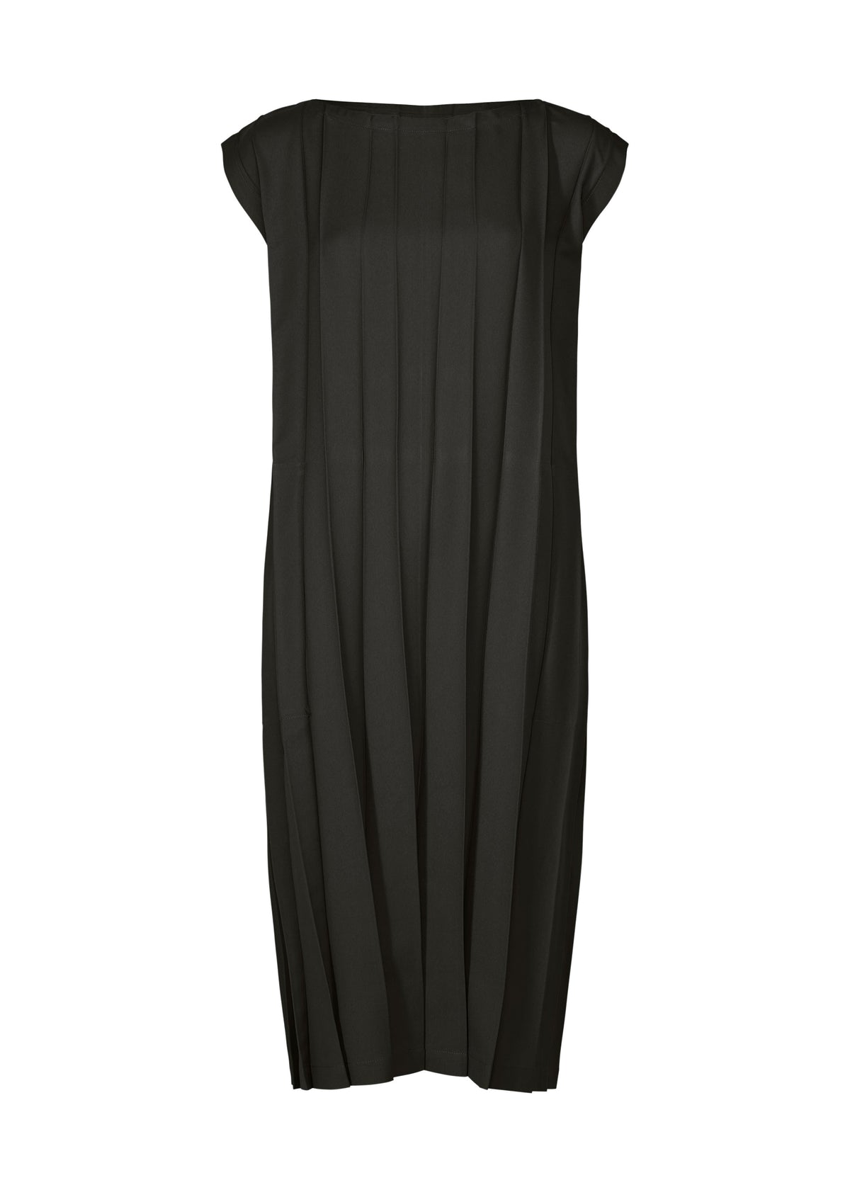 The CROSS PLEATS dress by me ISSEY MIYAKE is a sleeveless black knee-length piece with hand-pleating, a straight silhouette, unique front pleats, a boat neckline, and capped shoulders for timeless elegance. view 1 of 8