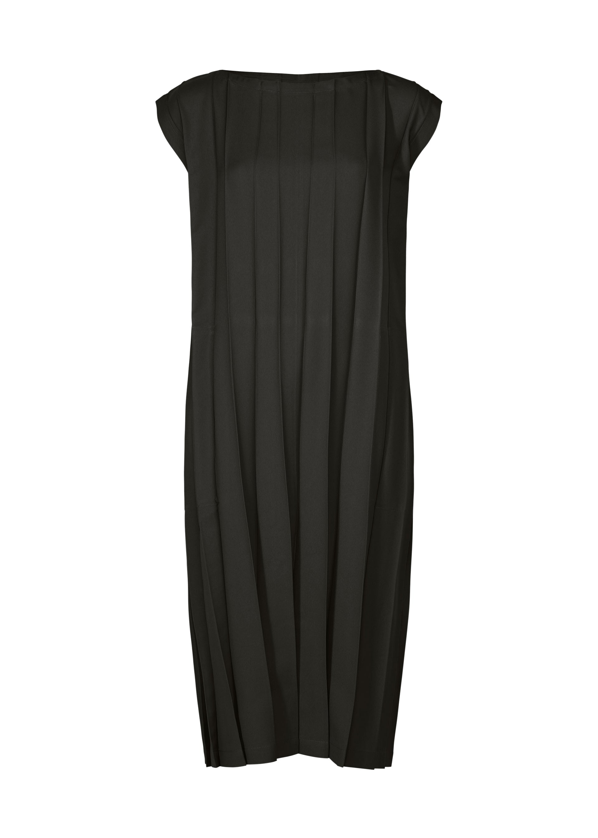 Zoomed view The CROSS PLEATS dress by me ISSEY MIYAKE is a sleeveless black knee-length piece with hand-pleating, a straight silhouette, unique front pleats, a boat neckline, and capped shoulders for timeless elegance. - BLACK （no.15）