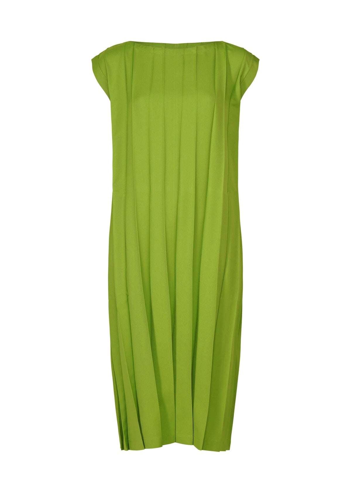 The CROSS PLEATS dress by me ISSEY MIYAKE is a sleeveless, knee-length piece in bright green with unique pleats and a straight silhouette. view 2 of 8