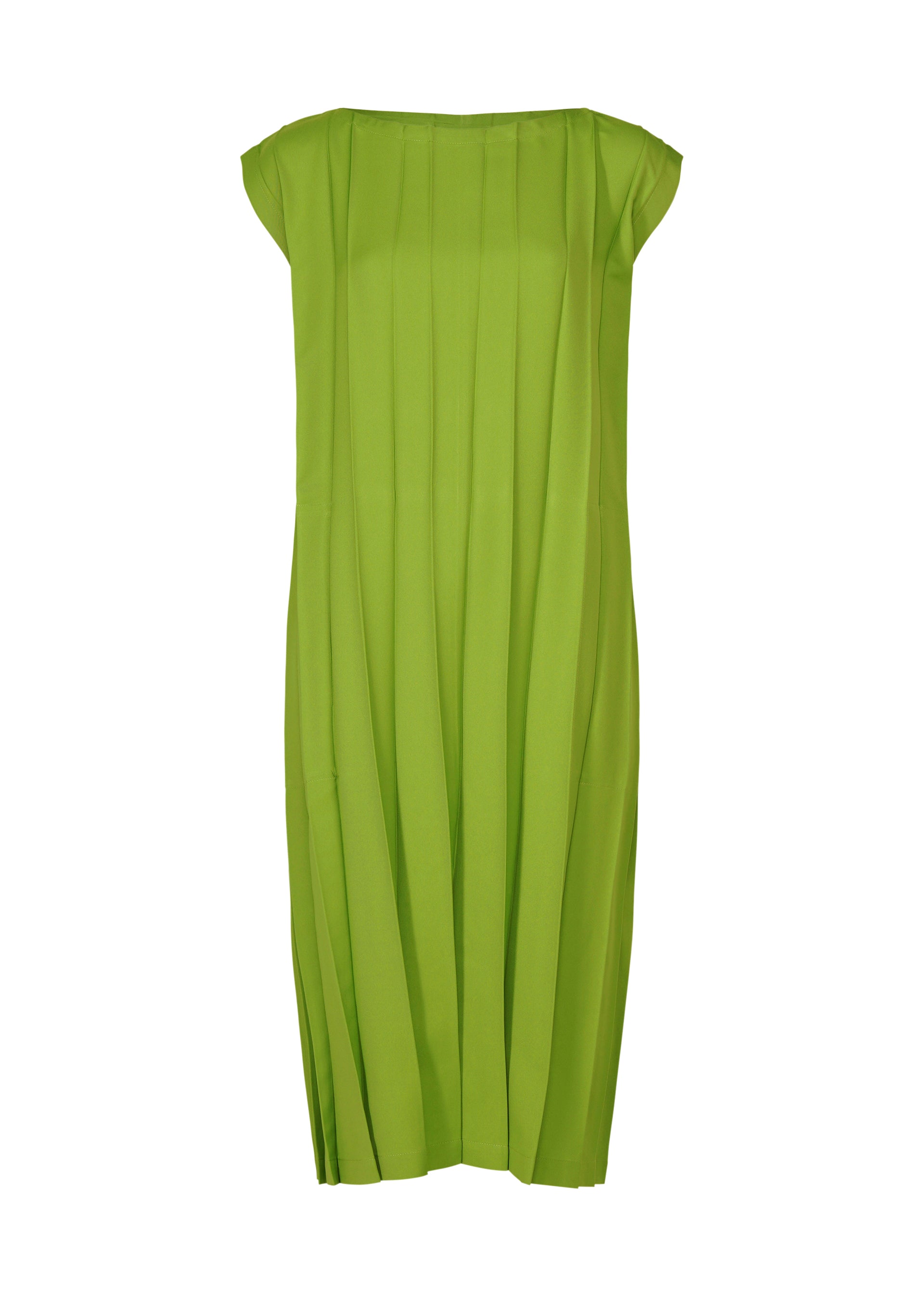 Zoomed view The CROSS PLEATS dress by me ISSEY MIYAKE is a sleeveless, knee-length piece in bright green with unique pleats and a straight silhouette. - LEAF GREEN （no.60）