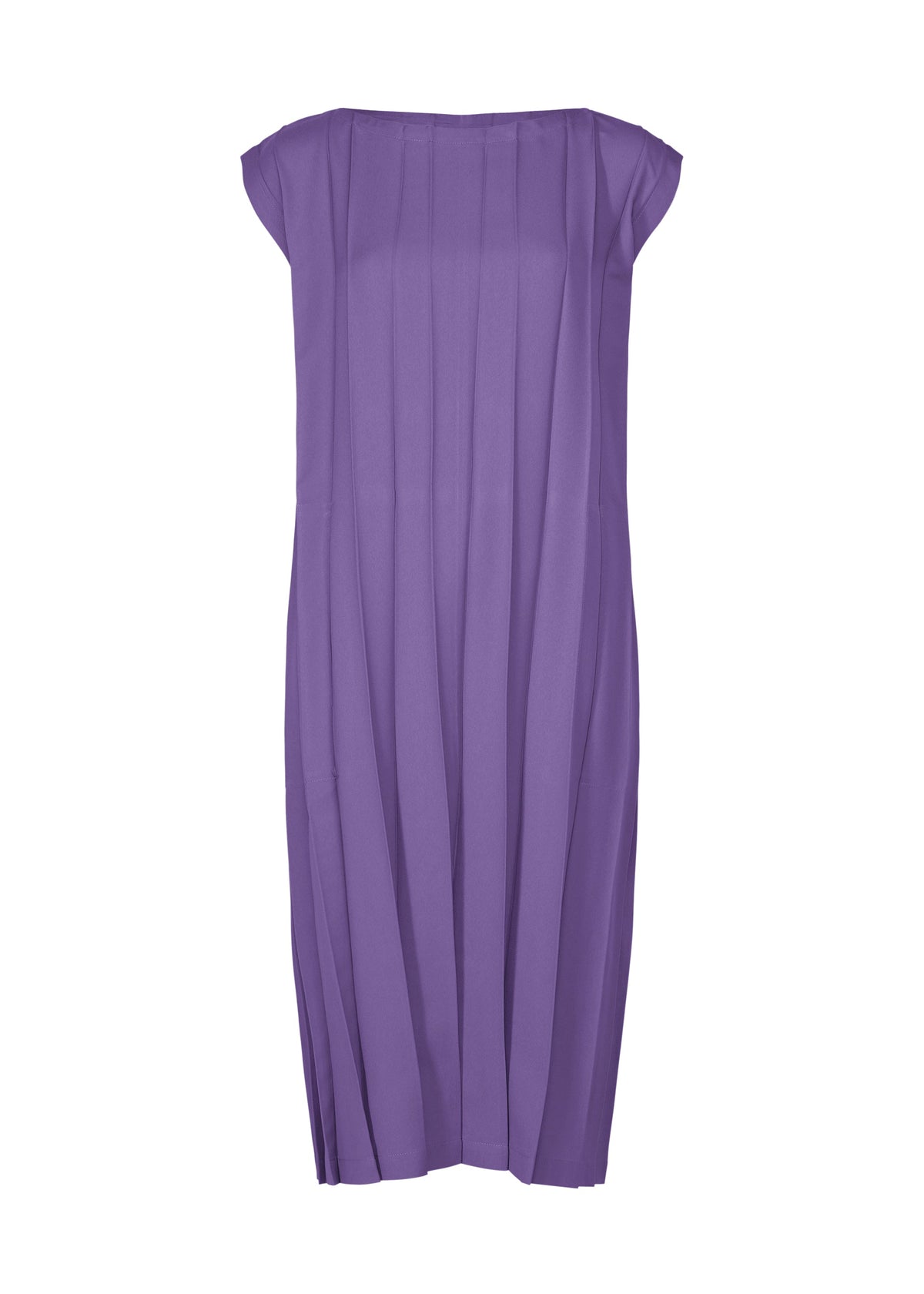 The CROSS PLEATS dress by me ISSEY MIYAKE is a sleeveless, knee-length purple dress featuring vertical hand-pleats and a loose, straight silhouette, shown against a plain white background. view 3 of 8