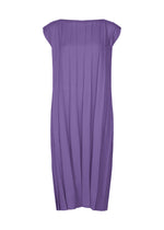 The CROSS PLEATS dress by me ISSEY MIYAKE is a sleeveless, knee-length purple dress featuring vertical hand-pleats and a loose, straight silhouette, shown against a plain white background. - VIOLET （no.82）