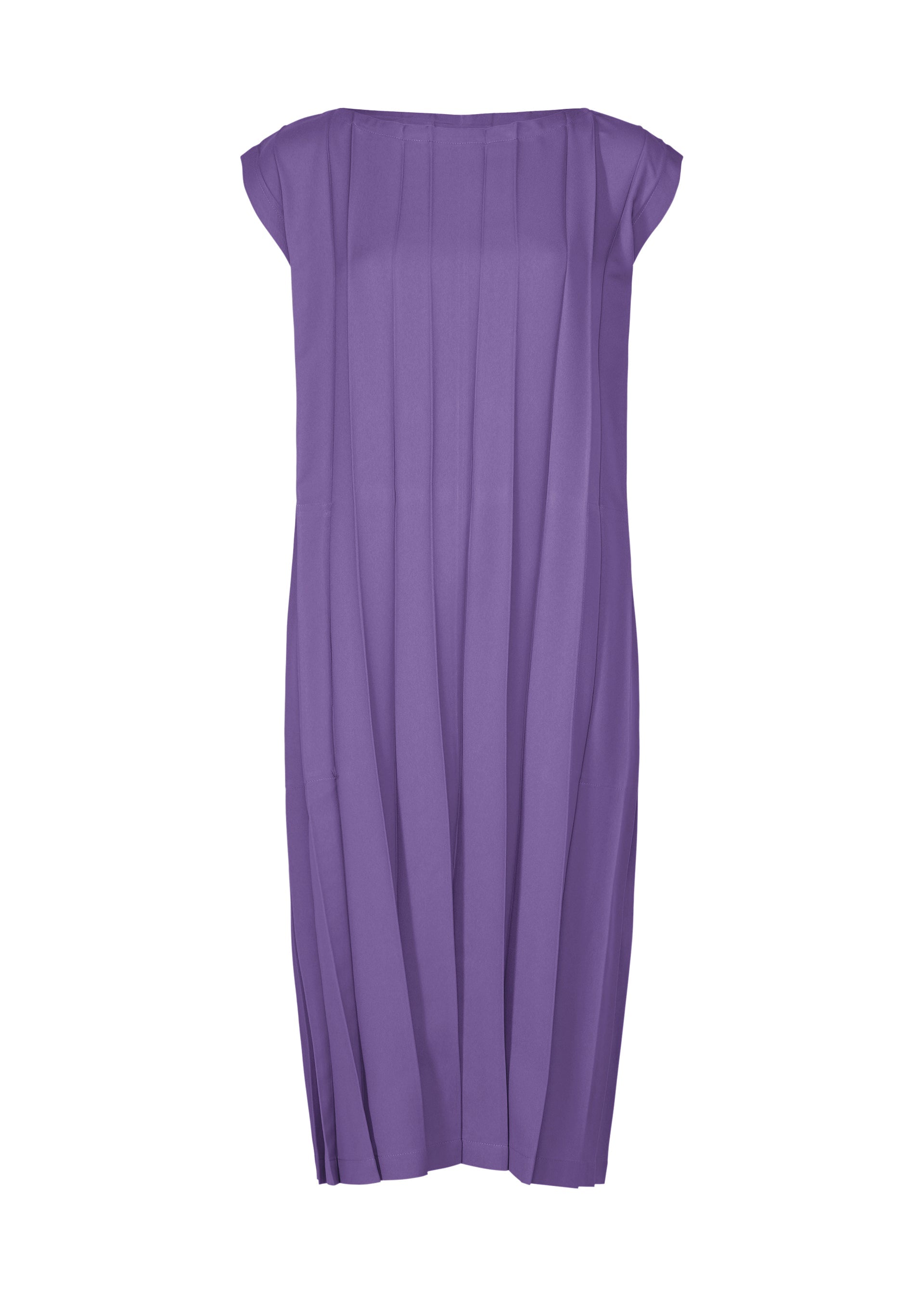 Zoomed view The CROSS PLEATS dress by me ISSEY MIYAKE is a sleeveless, knee-length purple dress featuring vertical hand-pleats and a loose, straight silhouette, shown against a plain white background. - VIOLET （no.82）
