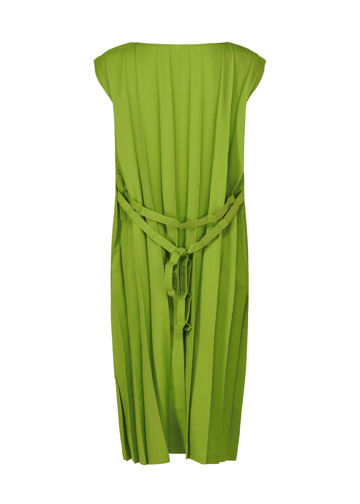 The me ISSEY MIYAKE CROSS PLEATS dress is a sleeveless, knee-length piece in bright green with distinctive pleats and a matching fabric belt tied at the back. view 4 of 8