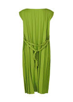 The me ISSEY MIYAKE CROSS PLEATS dress is a sleeveless, knee-length piece in bright green with distinctive pleats and a matching fabric belt tied at the back.