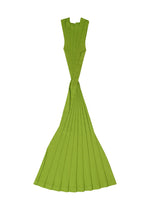 The CROSS PLEATS dress by me ISSEY MIYAKE is a sleeveless, floor-length bright green hand-pleated piece with a fitted bodice and dramatic twisted waist detail, shown laid flat on a white background.