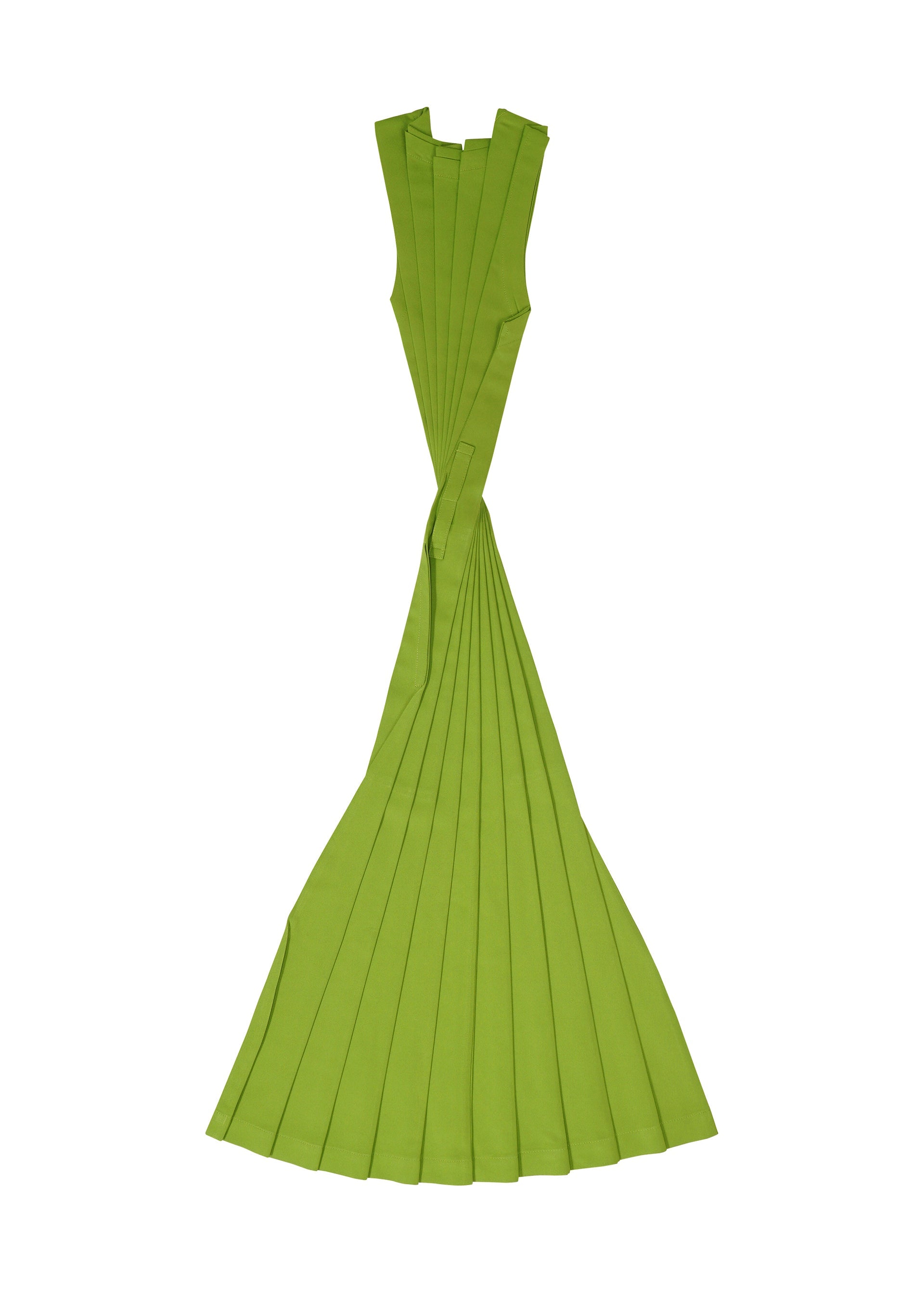 Zoomed view The CROSS PLEATS dress by me ISSEY MIYAKE is a sleeveless, floor-length bright green hand-pleated piece with a fitted bodice and dramatic twisted waist detail, shown laid flat on a white background.