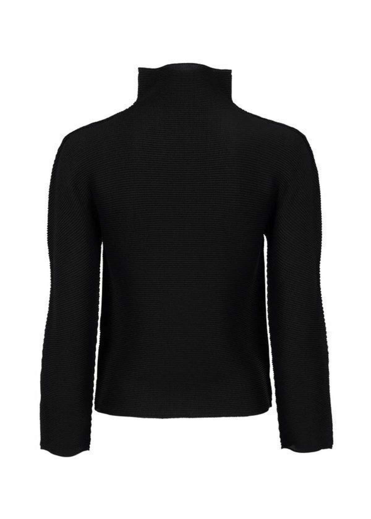 The image shows the me ISSEY MIYAKE STRETCH PLEATS top in black, featuring long sleeves, ribbed stretch pleats, and a high-neck design, viewed from the back against a white background. view 3 of 6