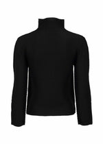 The image shows the me ISSEY MIYAKE STRETCH PLEATS top in black, featuring long sleeves, ribbed stretch pleats, and a high-neck design, viewed from the back against a white background.
