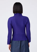 A person with straight, chin-length dark hair is shown from the back, wearing the me ISSEY MIYAKE STRETCH PLEATS 1 long-sleeved purple top and high-waisted blue pants against a plain light background.