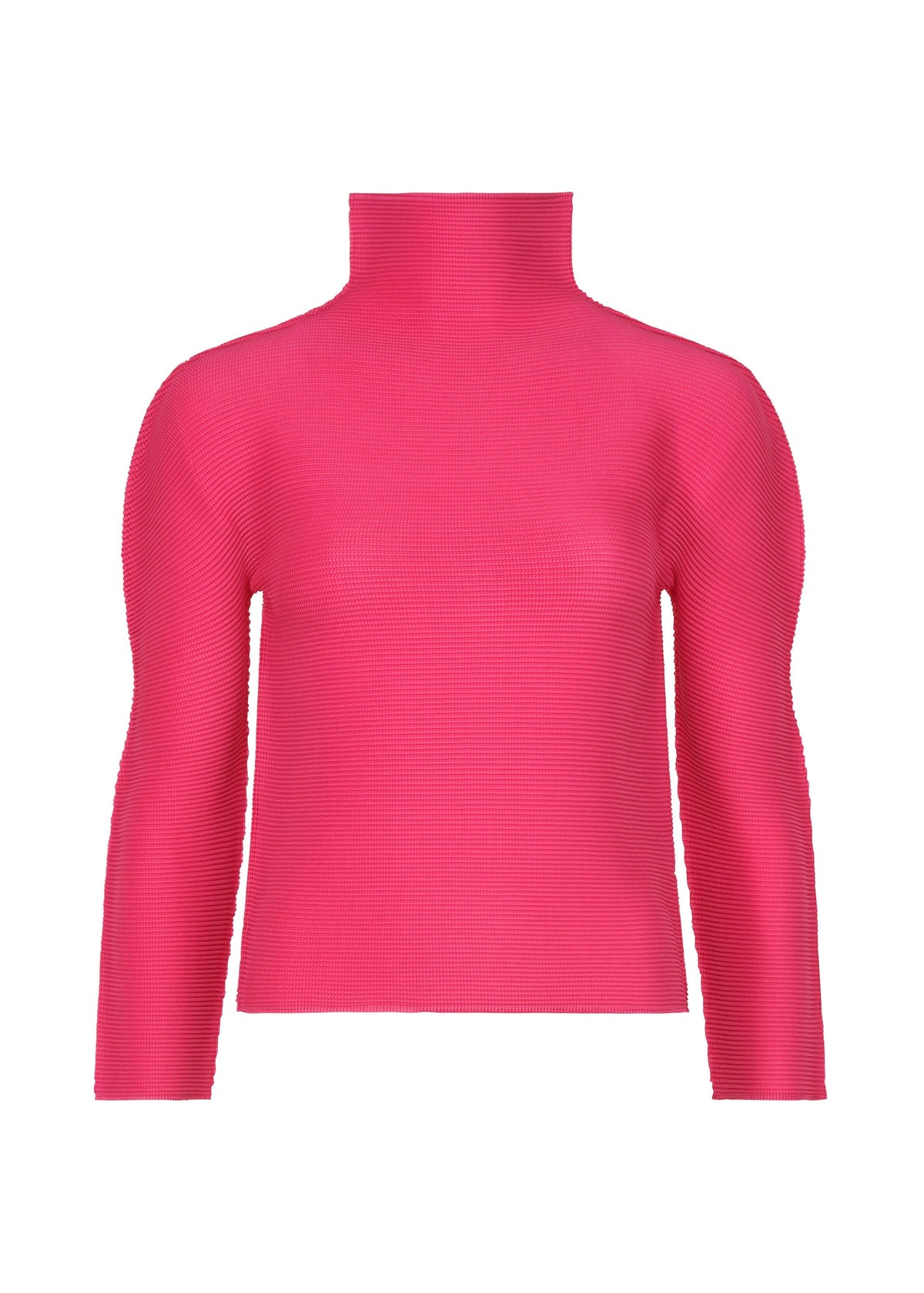 The STRETCH PLEATS 1 by me ISSEY MIYAKE is a bright pink, long-sleeved top with a ribbed high-neck design, shown on a white background. view 2 of 7