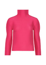 The STRETCH PLEATS 1 by me ISSEY MIYAKE is a bright pink, long-sleeved top with a ribbed high-neck design, shown on a white background. - RASPBERRY （no.23）