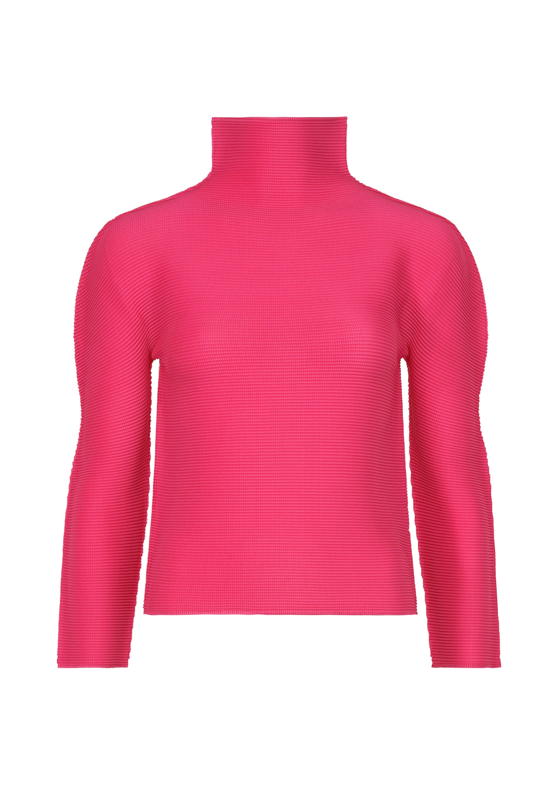 Zoomed view The STRETCH PLEATS 1 by me ISSEY MIYAKE is a bright pink, long-sleeved top with a ribbed high-neck design, shown on a white background. - RASPBERRY （no.23）