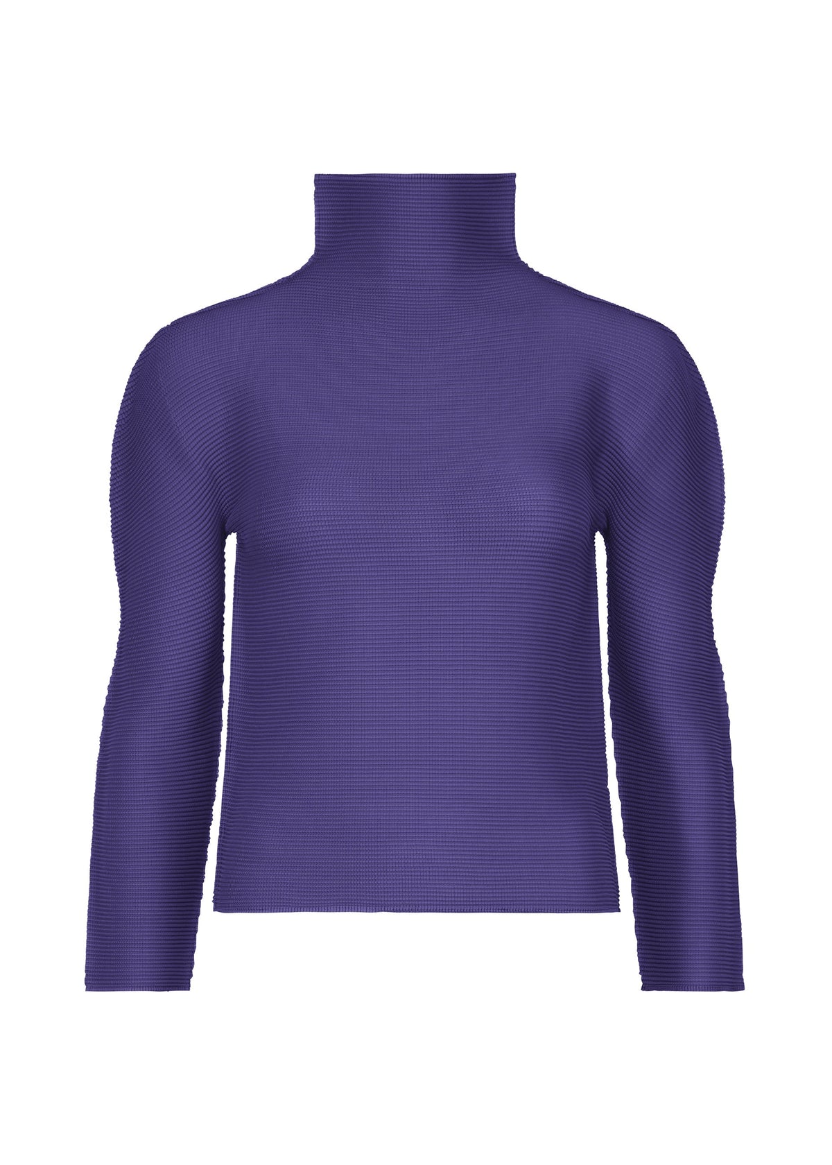 The STRETCH PLEATS 1 top by me ISSEY MIYAKE features long sleeves, a high neckline, ribbed stretch pleats, and comes in a solid deep purple shade, shown against a white background. view 3 of 7