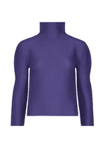 The STRETCH PLEATS 1 top by me ISSEY MIYAKE features long sleeves, a high neckline, ribbed stretch pleats, and comes in a solid deep purple shade, shown against a white background. - COBALT BLUE （no.74）