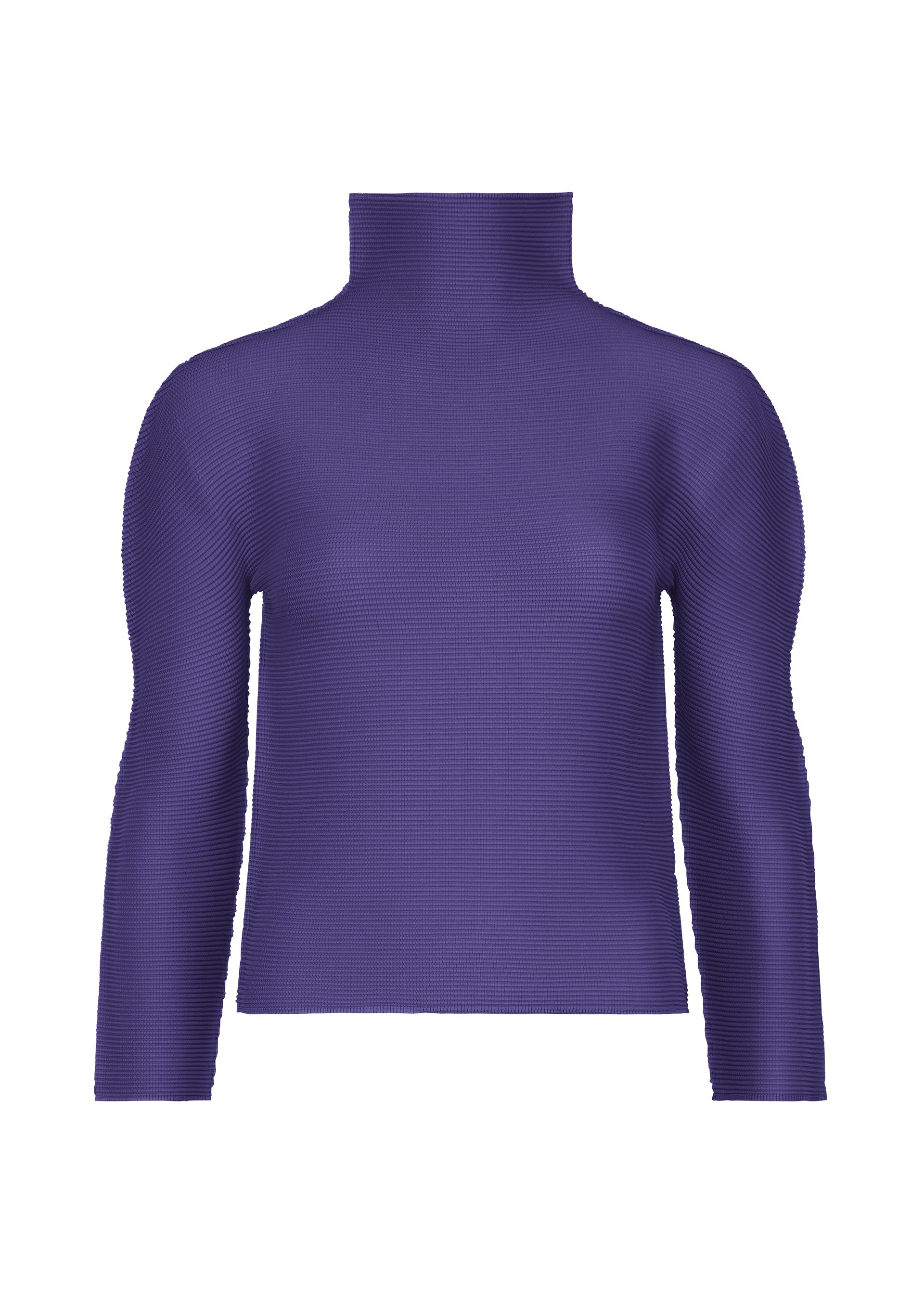 Zoomed view The STRETCH PLEATS 1 top by me ISSEY MIYAKE features long sleeves, a high neckline, ribbed stretch pleats, and comes in a solid deep purple shade, shown against a white background. - COBALT BLUE （no.74）
