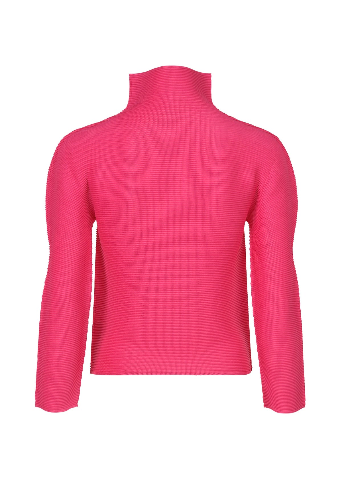 The me ISSEY MIYAKE STRETCH PLEATS 1 top, shown from the back against a white background, features bright pink color, long sleeves, and ribbed stretch pleats. view 4 of 7
