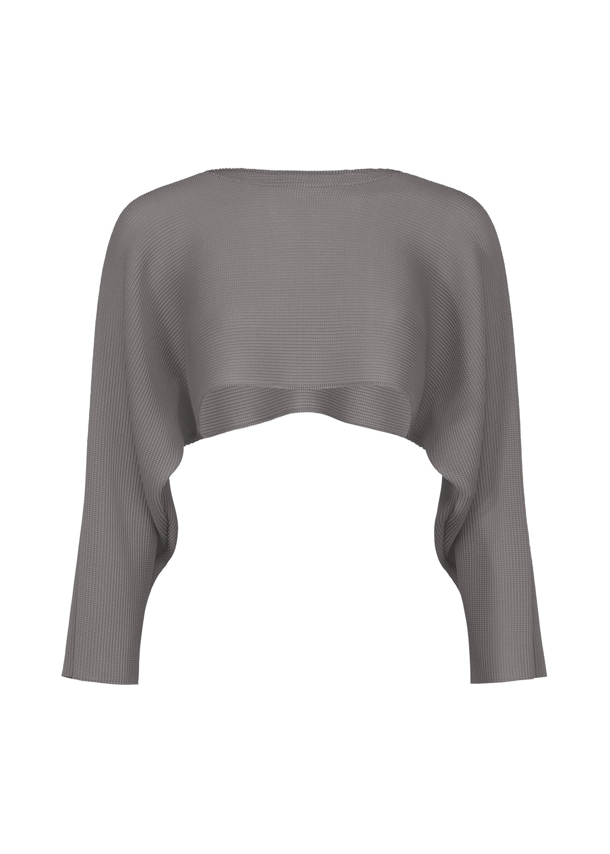 The me ISSEY MIYAKE DOLMAN STRETCH PLEATS 1 is a gray ribbed, cropped shrug with long dolman sleeves and an open front, featuring a draped, fitted silhouette. Displayed against a white background. view 2 of 9