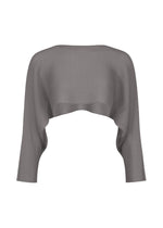 The me ISSEY MIYAKE DOLMAN STRETCH PLEATS 1 is a gray ribbed, cropped shrug with long dolman sleeves and an open front, featuring a draped, fitted silhouette. Displayed against a white background. - GRAY （no.12）