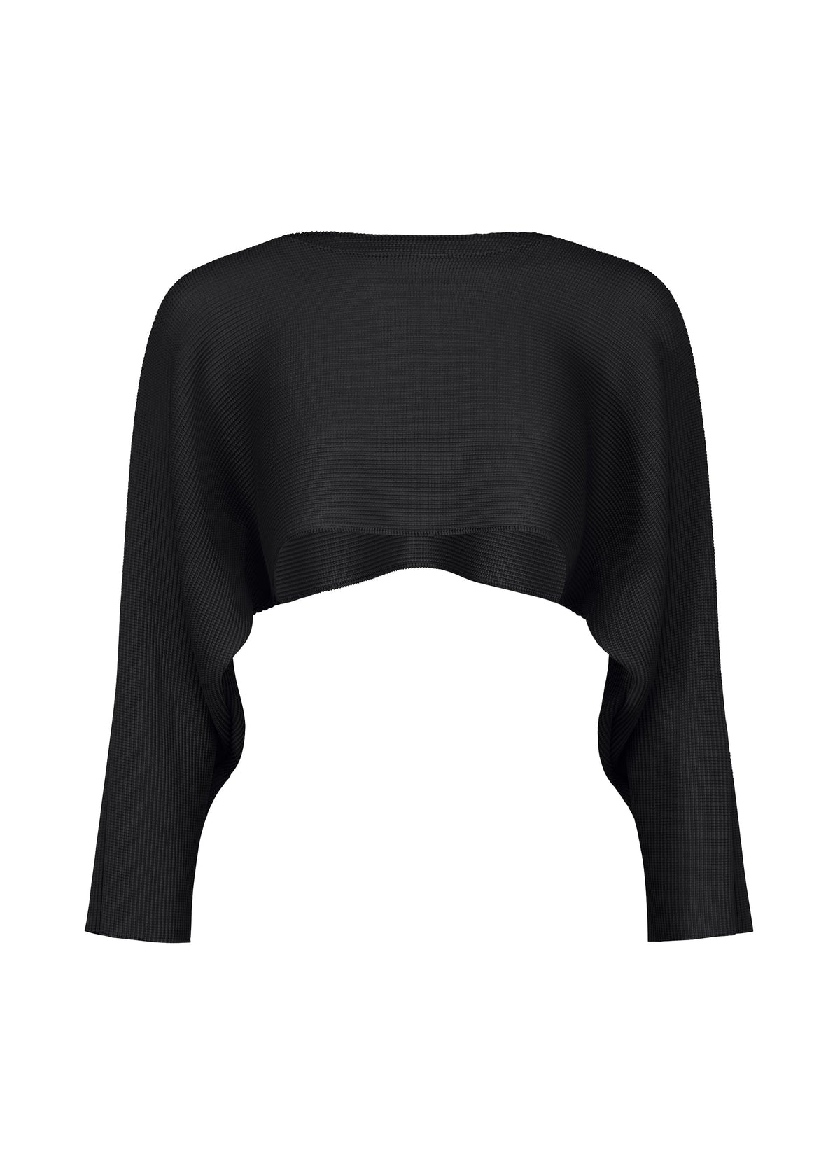 The DOLMAN STRETCH PLEATS 1 by me ISSEY MIYAKE is a black, long-sleeve cropped shrug sweater featuring dolman sleeves and a ribbed texture, shown on a white background. view 3 of 9