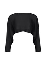 The DOLMAN STRETCH PLEATS 1 by me ISSEY MIYAKE is a black, long-sleeve cropped shrug sweater featuring dolman sleeves and a ribbed texture, shown on a white background. - BLACK （no.15）
