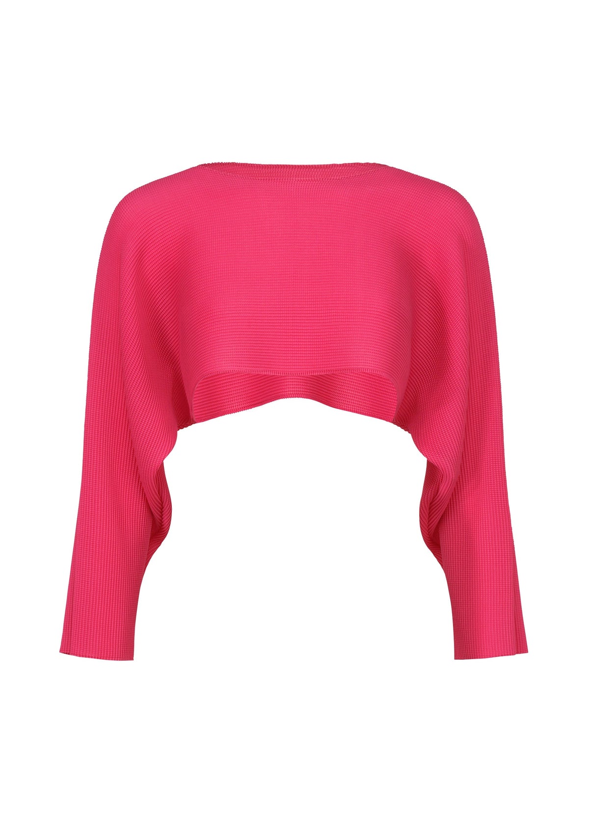 The DOLMAN STRETCH PLEATS 1 by me ISSEY MIYAKE is a bright pink, long-sleeve crop top sweater with ribbed texture and dolman sleeves, shown flat on a white background. view 4 of 9
