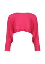 The DOLMAN STRETCH PLEATS 1 by me ISSEY MIYAKE is a bright pink, long-sleeve crop top sweater with ribbed texture and dolman sleeves, shown flat on a white background. - RASPBERRY （no.23）