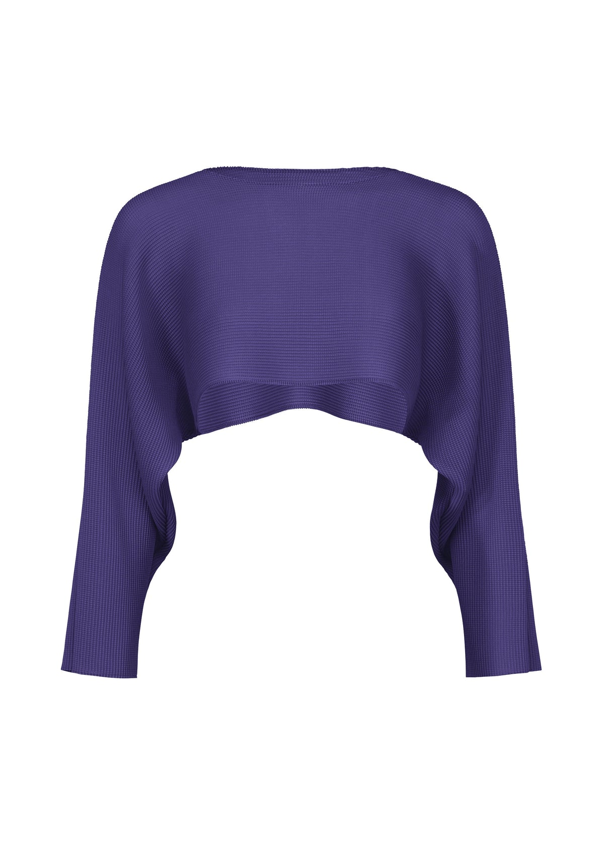 The me ISSEY MIYAKE DOLMAN STRETCH PLEATS 1 is a purple sweater featuring dolman sleeves and subtle stretch pleats, shown on a white background. view 5 of 9