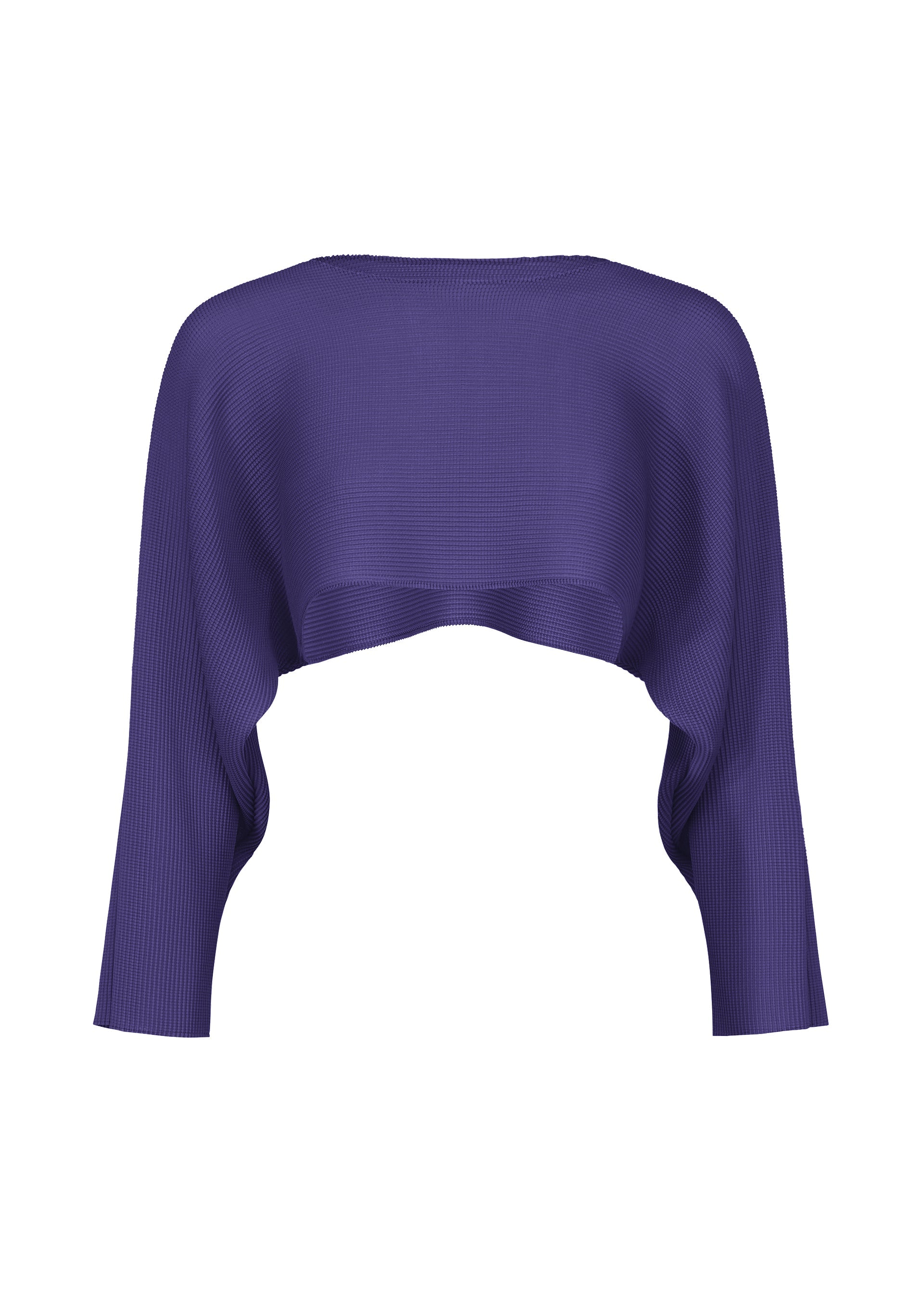 Zoomed view The me ISSEY MIYAKE DOLMAN STRETCH PLEATS 1 is a purple sweater featuring dolman sleeves and subtle stretch pleats, shown on a white background. - COBALT BLUE （no.74）