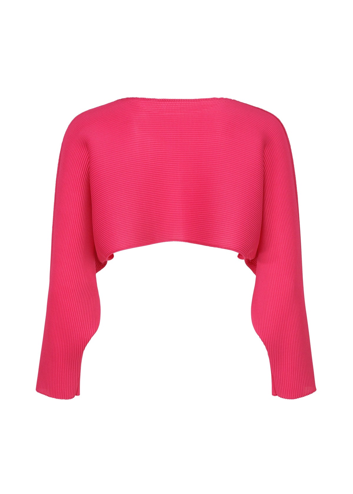The me ISSEY MIYAKE DOLMAN STRETCH PLEATS 1 is a bright pink, long-sleeve ribbed knit shrug with stretch pleats and an open front, shown on a plain white background. view 6 of 9