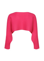 The me ISSEY MIYAKE DOLMAN STRETCH PLEATS 1 is a bright pink, long-sleeve ribbed knit shrug with stretch pleats and an open front, shown on a plain white background.