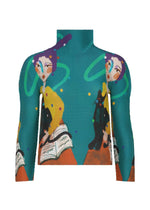 The CAT top by me ISSEY MIYAKE is a high-neck, long-sleeved piece showcasing an artistic print of two colorful abstract women with purple hair, green swirls and dots, one seated with an open book. - TURQUOISE-HUED （no.77）