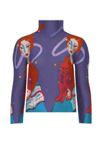 The CAT top by me ISSEY MIYAKE features a high neck, long sleeves, and whimsical wizard print with abstract red-haired women, a red cat, open books, and colorful swirls on a purple background. - BLUE-HUED （no.78）