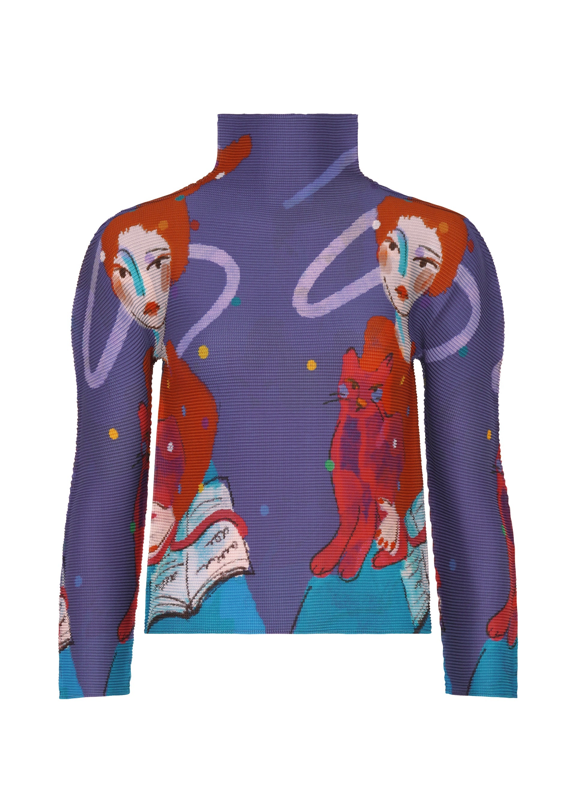 Zoomed view The CAT top by me ISSEY MIYAKE features a high neck, long sleeves, and whimsical wizard print with abstract red-haired women, a red cat, open books, and colorful swirls on a purple background. - BLUE-HUED （no.78）