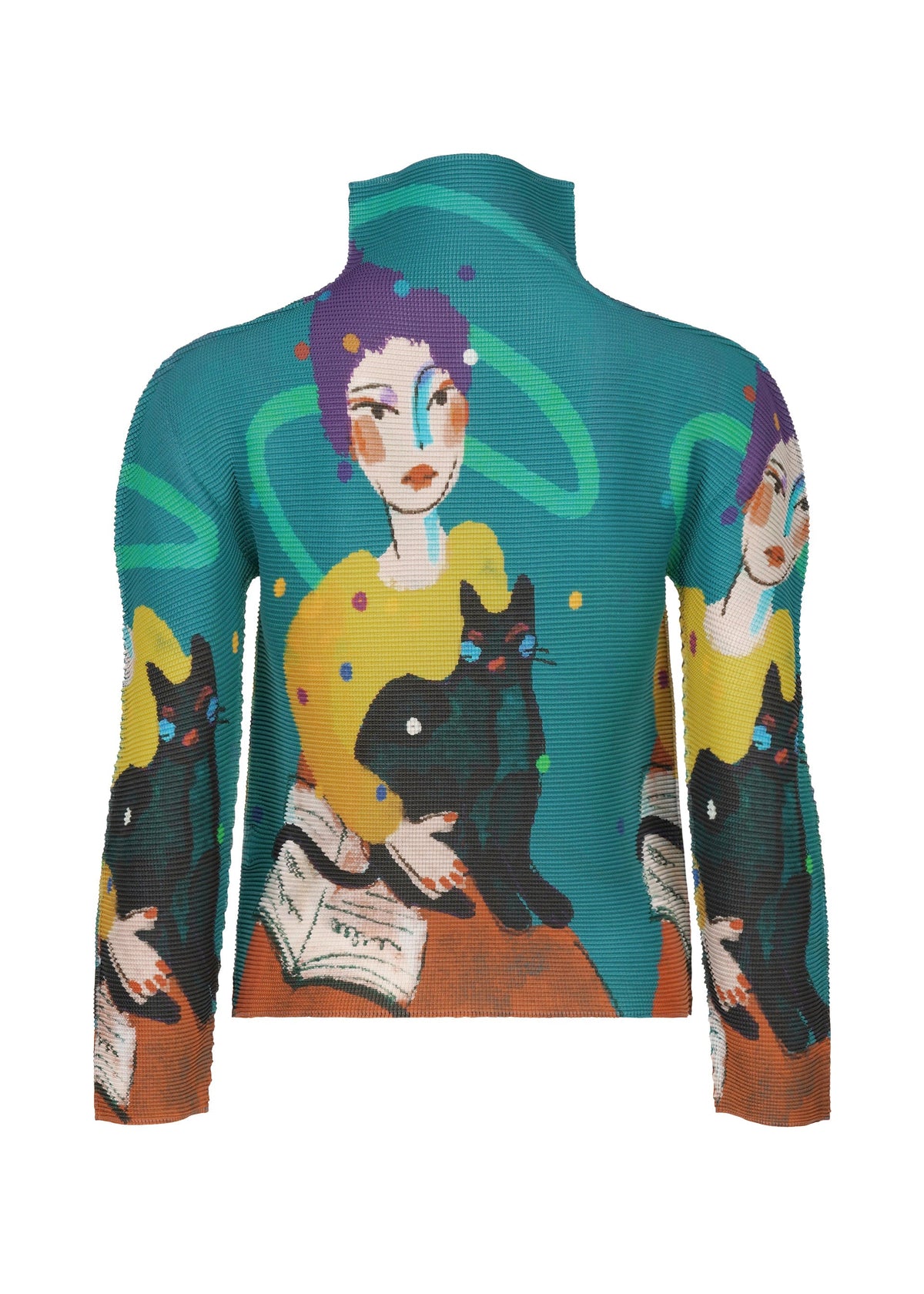 The CAT top by me ISSEY MIYAKE is a colorful high-neck, long-sleeved garment featuring an artistic print of a woman with purple hair, a yellow top, and her black cat on a teal background with swirling green lines and open books. view 4 of 7