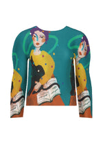 The CAT top by me ISSEY MIYAKE is a blue and green stretch pleats blouse featuring a stylish woman drawing. - TURQUOISE-HUED （no.77）