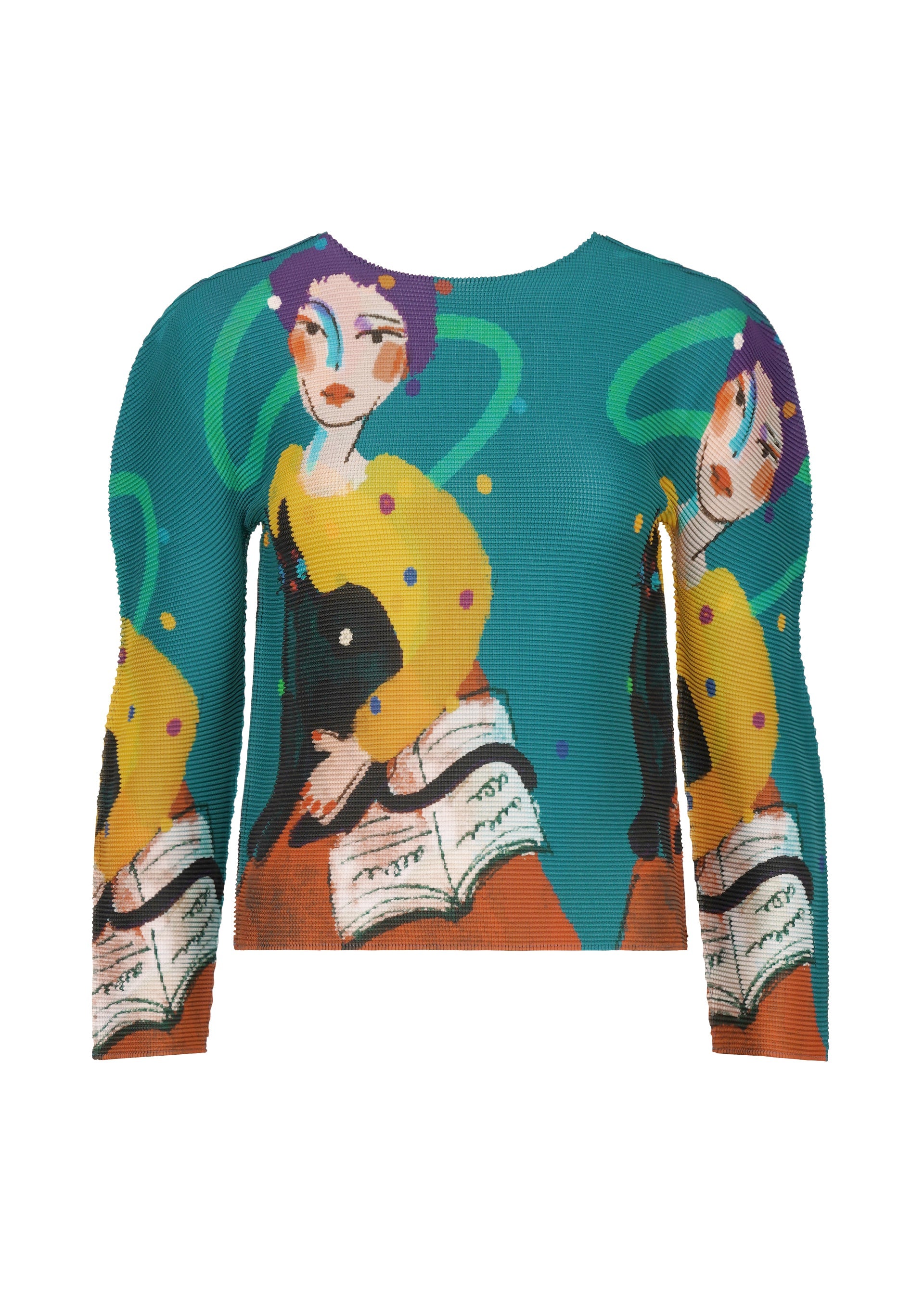 Zoomed view The CAT top by me ISSEY MIYAKE is a blue and green stretch pleats blouse featuring a stylish woman drawing. - TURQUOISE-HUED （no.77）