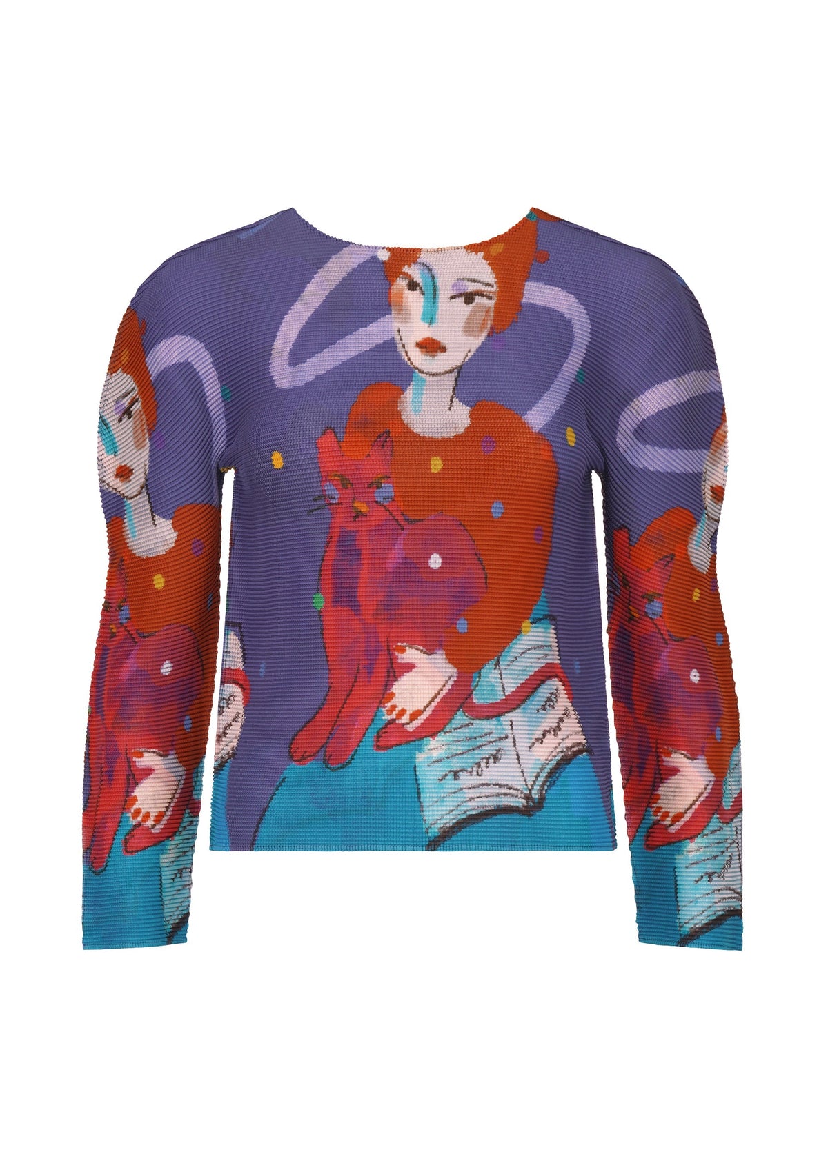 The CAT top by me ISSEY MIYAKE features colorful, abstract art of a red-haired woman holding a red cat with an open book and swirling patterns, repeating across the pleated long sleeves and stretch pleats fabric. view 3 of 7