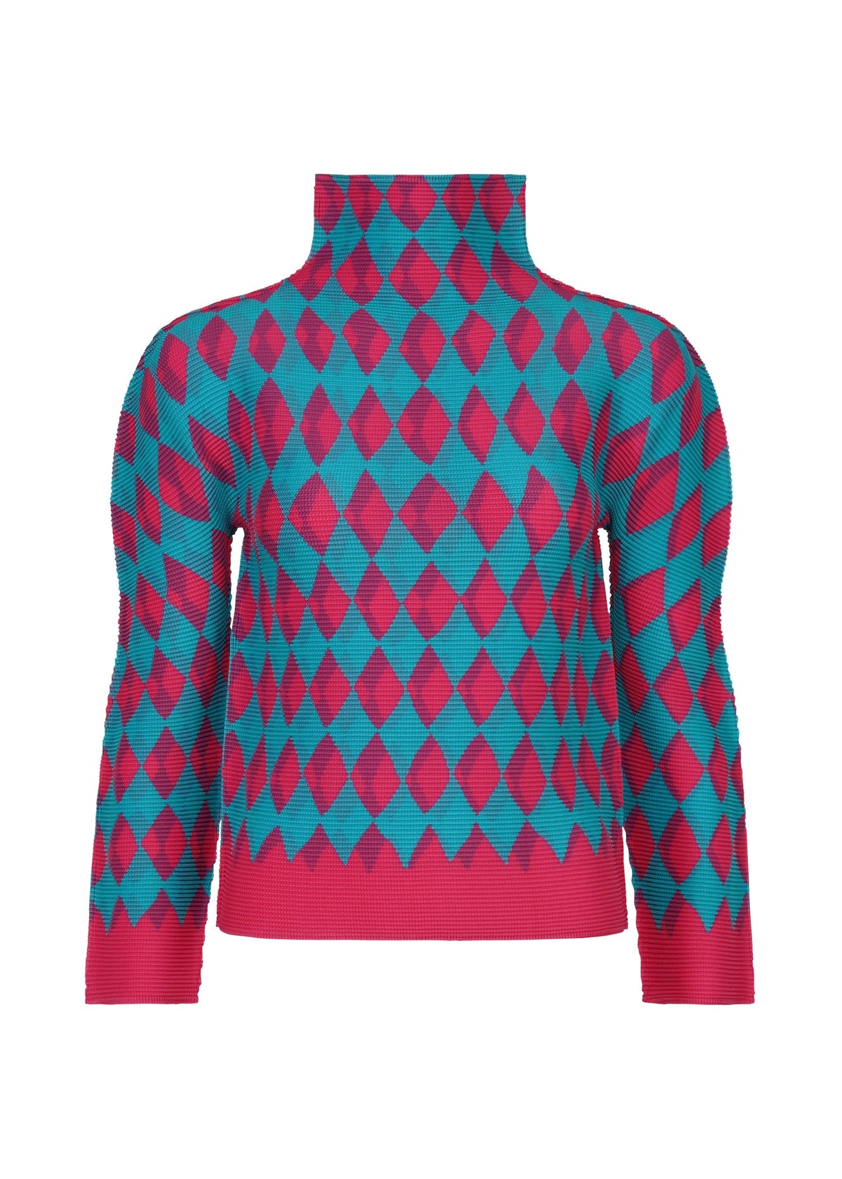 The DIAMOND top by me ISSEY MIYAKE is a high-neck, long-sleeved piece with bold teal blue and magenta diamond motifs, stretch pleats, and solid magenta trim at the waistband, cuffs, and neck. view 2 of 6