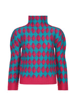 The DIAMOND top by me ISSEY MIYAKE is a high-neck, long-sleeved piece with bold teal blue and magenta diamond motifs, stretch pleats, and solid magenta trim at the waistband, cuffs, and neck. - PINK×BLUE （no.29）