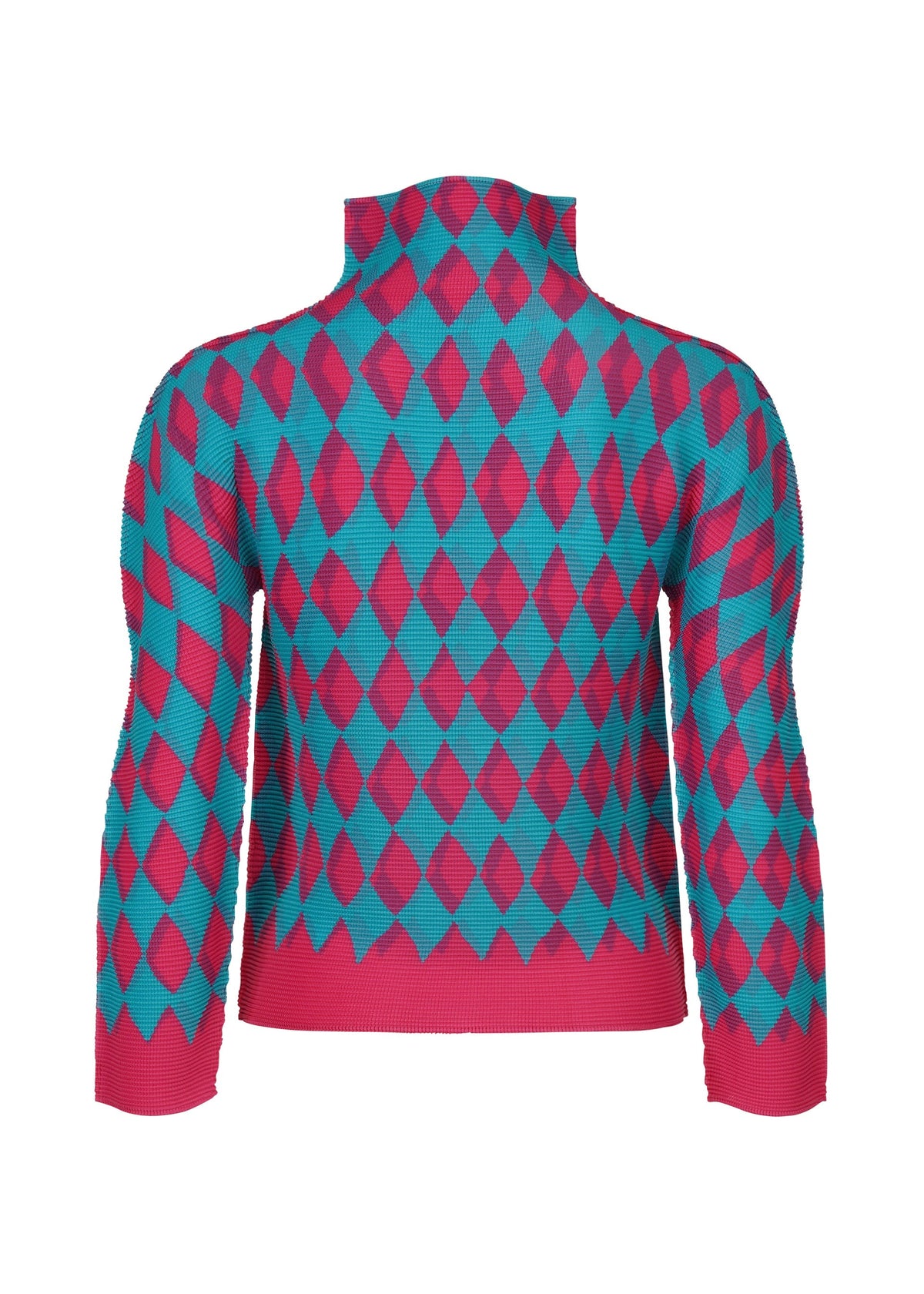 The DIAMOND top by me ISSEY MIYAKE features a high neck and long sleeves, showcased from the back in pink and blue with a bold geometric diamond pattern that brings striking style to this cozy sweater. view 3 of 6